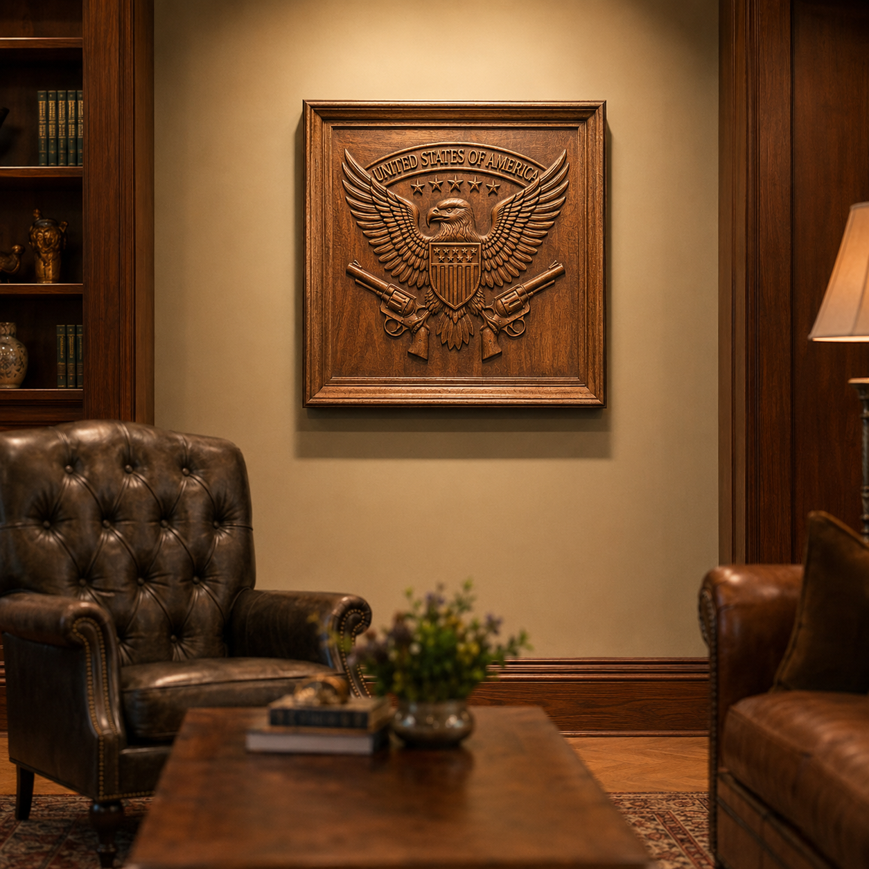 A cozy office with leather chairs, bookshelves, and patriotic decor featuring the Form Arcade American Eagle Relief STL 5 Pack Bundle CNC wall art. In the foreground, a small table holds a flower arrangement.