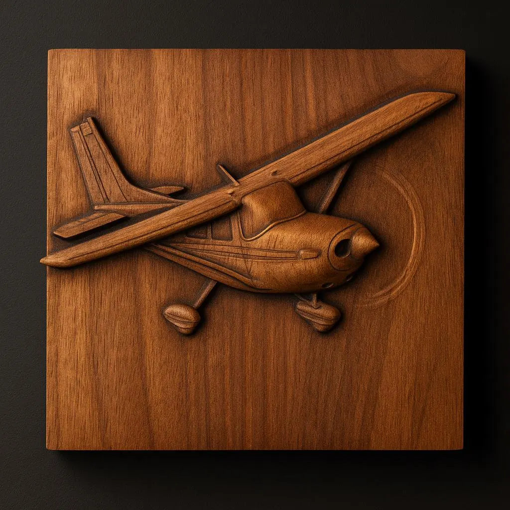 The "Airplane Relief STL File | Aviation CNC Wall Art" by Form Arcade features a small airplane crafted using CNC relief carving techniques, presented on a square wooden plaque against a dark background.