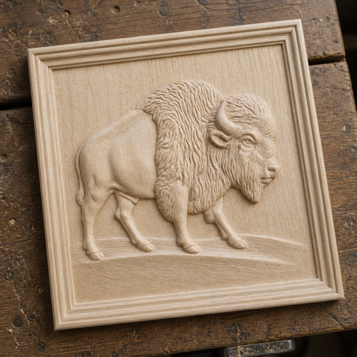 The "American Bison Relief STL File" by Form Arcade features a detailed CNC design of a bison standing on a raised surface, perfect for creating unique wildlife woodworking wall art.