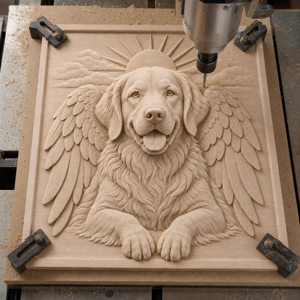 CNC router carves an unfinished wood relief of a winged dog with paws forward, clouds, and a rising sun.