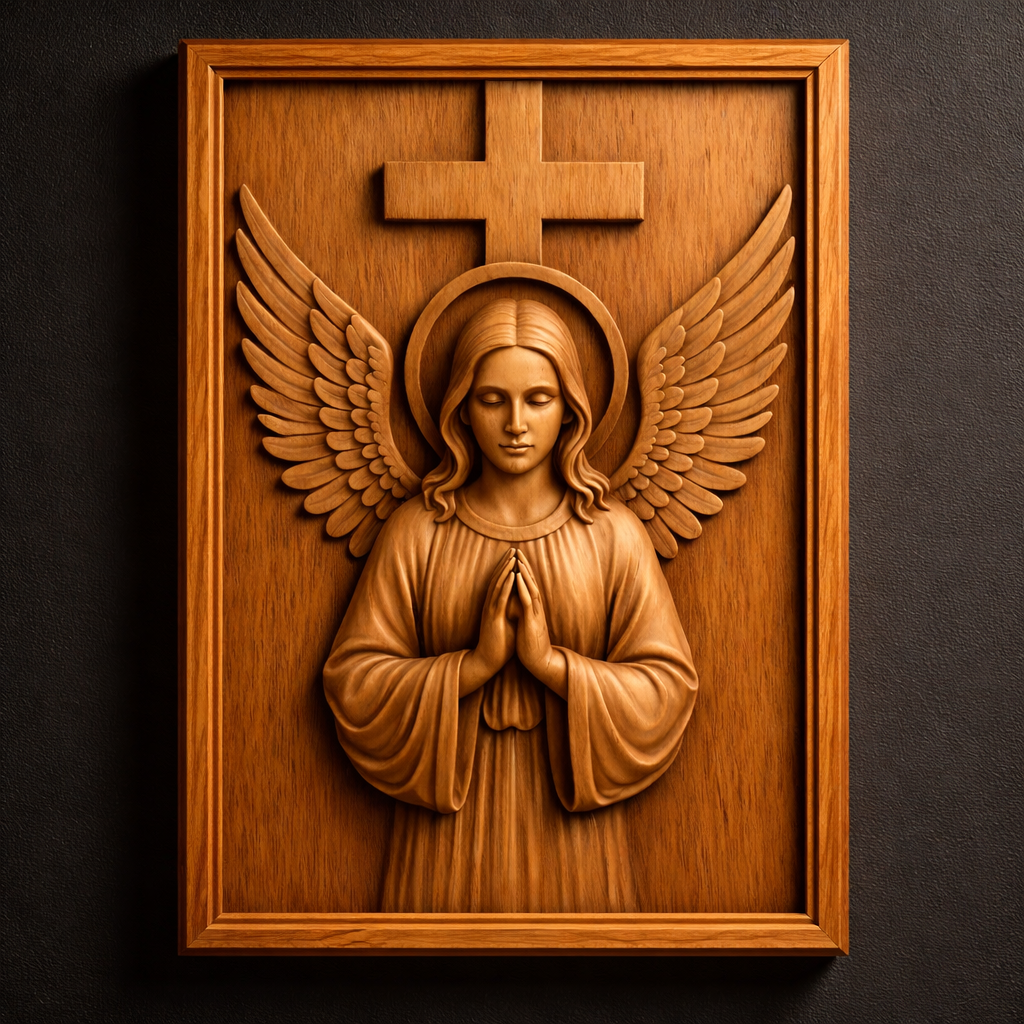 Close front view of the angel with cross relief design presented as a carved wood panel, showing crisp edges, balanced composition, and clear bas relief depth for christian memorial cnc wall art. This image emphasizes the downloadable STL file design for CNC router carving, wood wall art production, and detailed resin or FDM 3D printing applications.