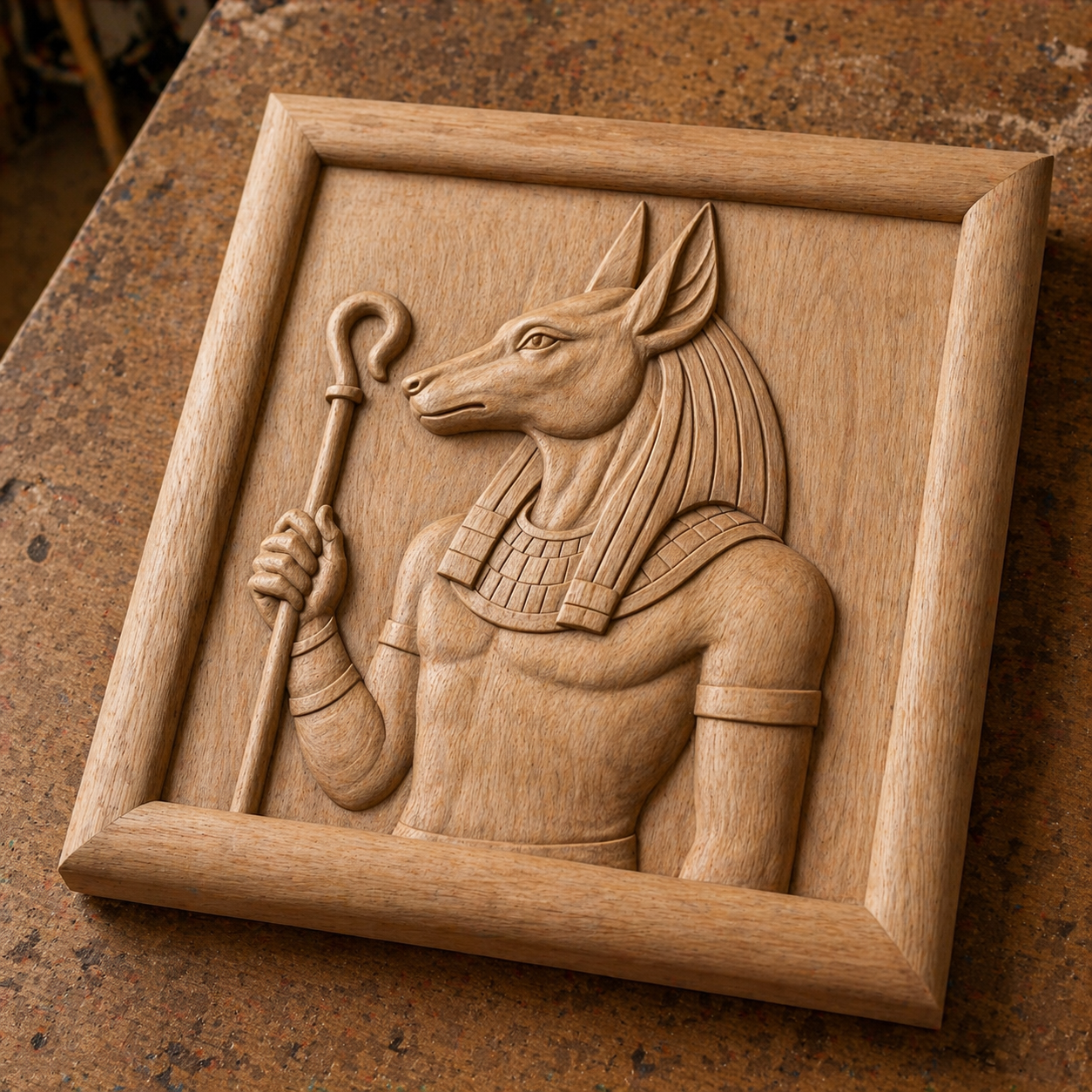 The Anubis Egyptian God Relief STL File by Form Arcade features a detailed jackal-headed Anubis in traditional attire, set in a square frame—perfect as Egyptian CNC wall art or for 3D printing projects.