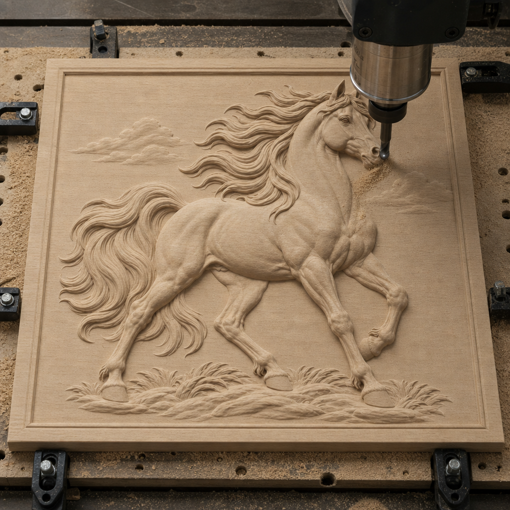 CNC cutting an Arabian horse relief into a bordered wood panel, with the spindle carving the horse, clouds, and textured ground.