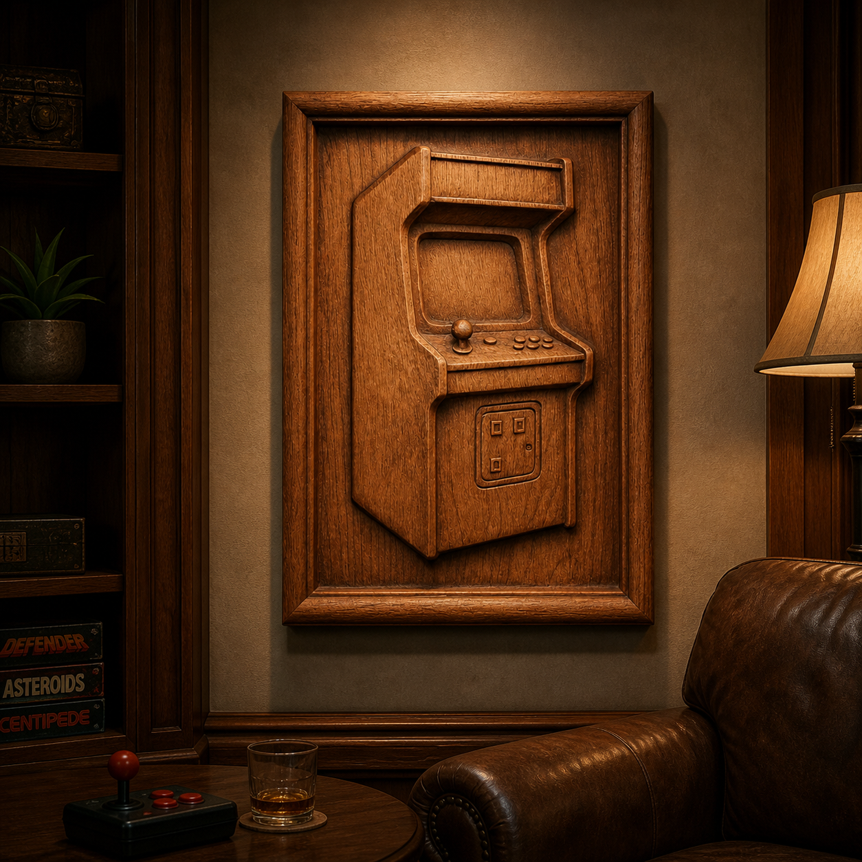 The Arcade Machine Relief STL File by Form Arcade, perfect for retro CNC wall art, is displayed in a cozy room with a leather chair, vintage lamp, and shelves of books and classic video game memorabilia.