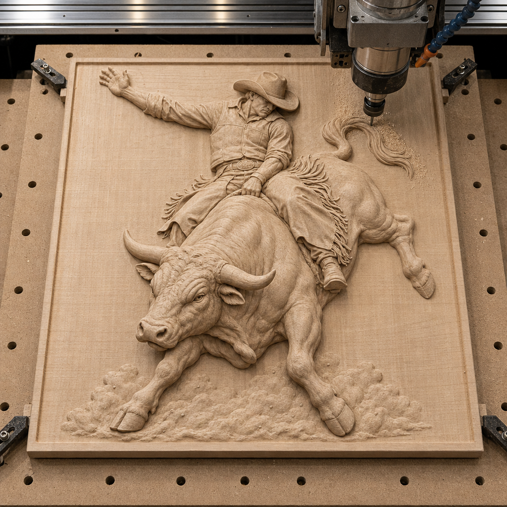 CNC router cutting a pale wood relief of a bull rider and charging bull, with raised details, dust, horns, and tack.