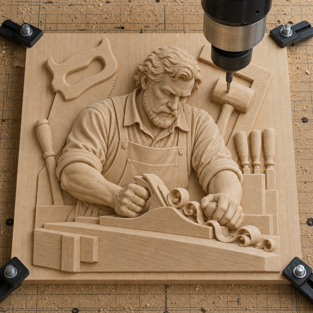 CNC spindle cutting a raised carpenter relief on a wood board, with the tool over the mallet and hand-plane scene.