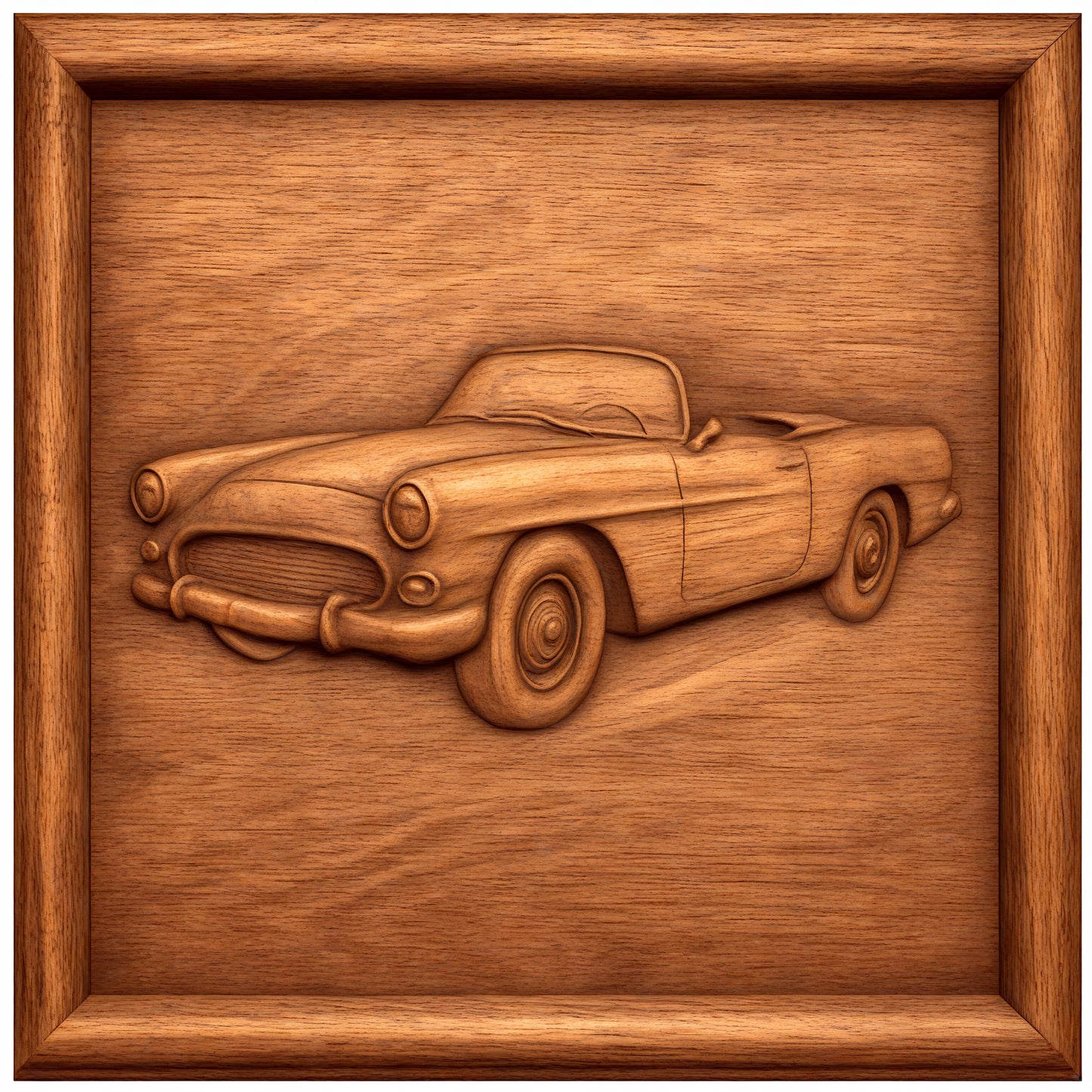 The Classic Car Collection 8-Pack STL Bundle by Form Arcade features CNC reliefs of vintage cars, each displaying detailed side views and contours in a wooden-carved style, perfect for automotive enthusiasts and makers.