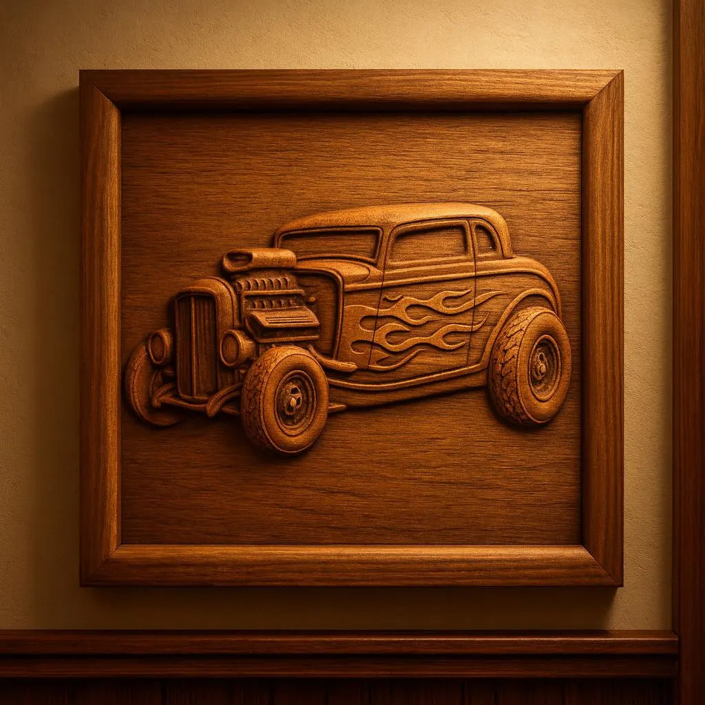 The Classic Hot Rod Car CNC Relief STL File by Form Arcade showcases a vintage hot rod car with flame designs, expertly carved in relief and framed in wood—perfect for woodworking projects and eye-catching as wall art on a beige background.