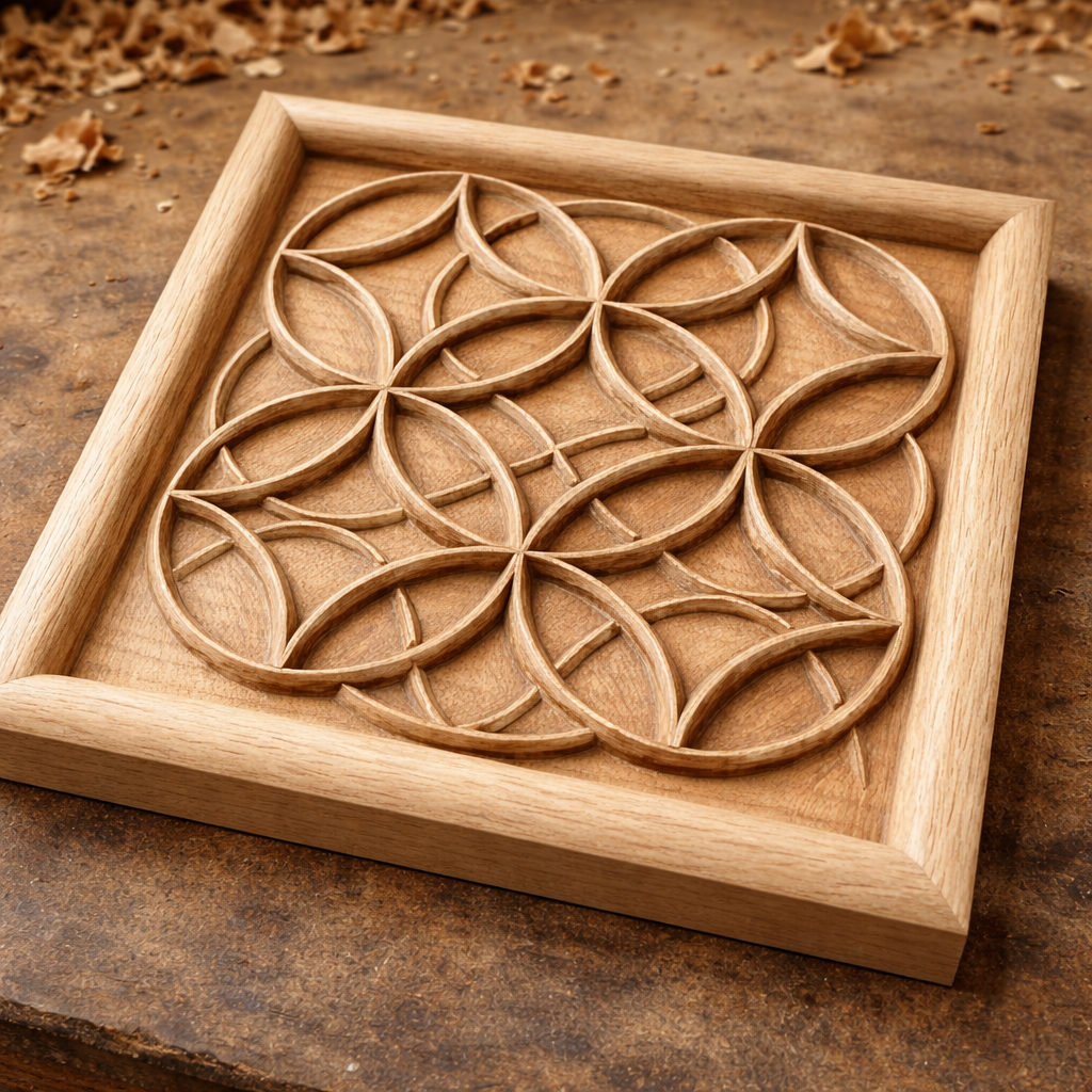 CNC carved geometric flower relief wood panel on workbench showing tool paths and natural grain, sacred geometry STL file design used for CNC routing, relief carving, and physical product creation