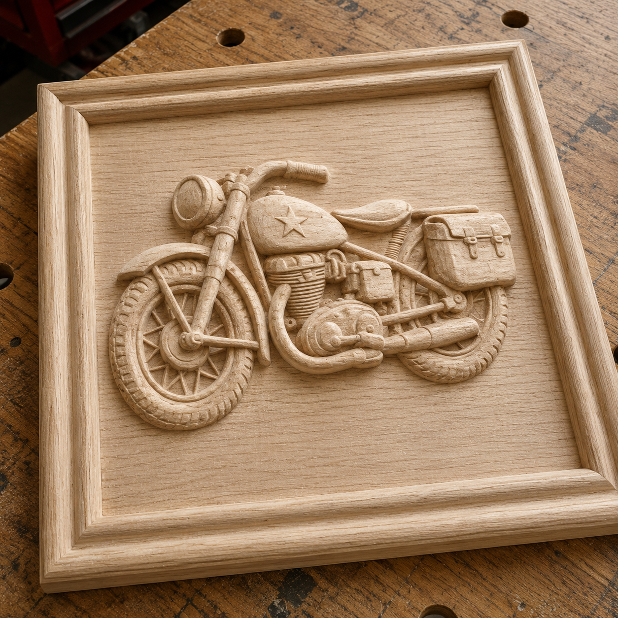 The Cruiser Motorcycle Relief STL File by Form Arcade features a vintage motorcycle with saddlebags, ideal for CNC wall art projects. This detailed design is perfect for creating unique woodworking decor.