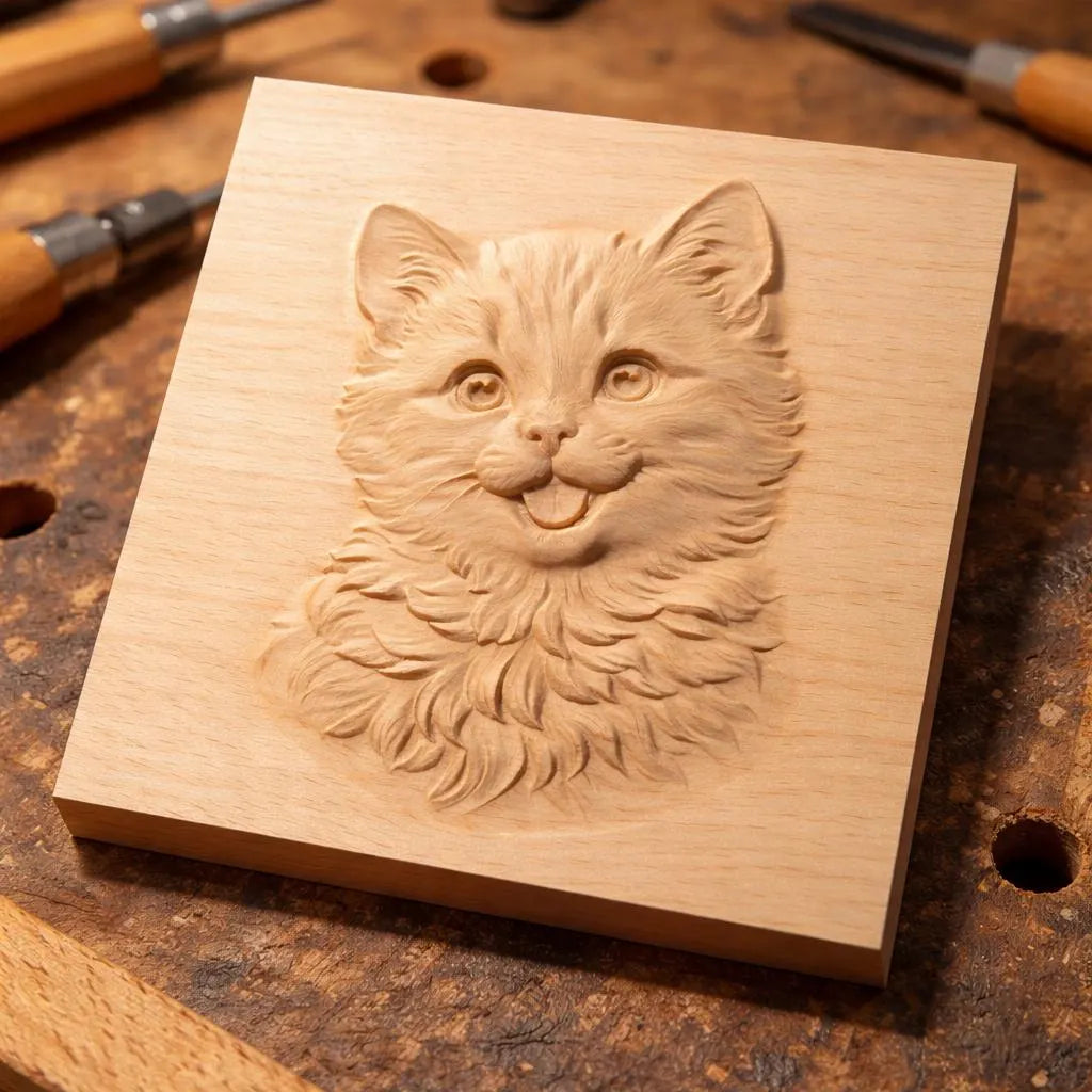 The Cute Kitten Portrait Relief STL File by Form Arcade is a detailed cat CNC wall art design—ideal for CNC carving or 3D printing projects.