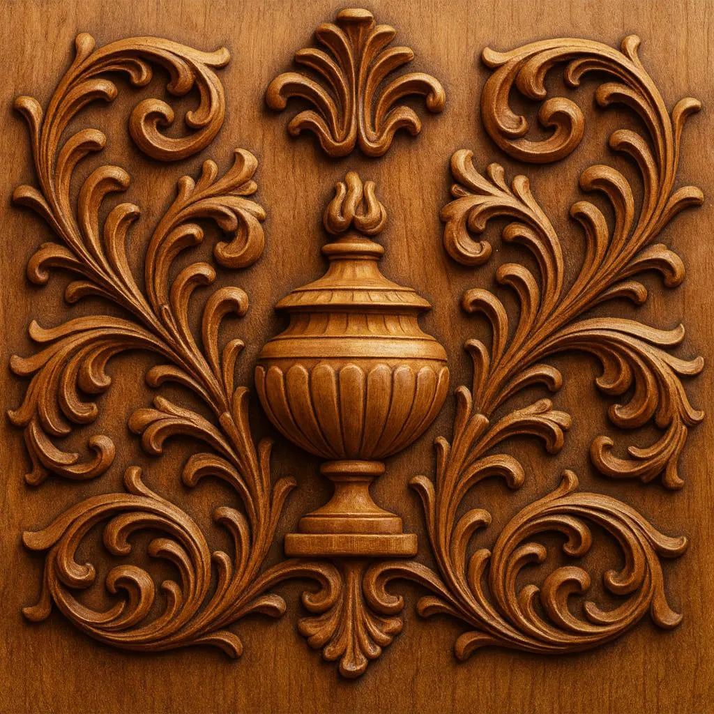 Form Arcade’s Decorative Ornament 5-Pack CNC STL Bundle features ornate, symmetrical swirling leaf motifs and a central urn, perfect for CNC wall art or woodworking projects in a natural wood finish.