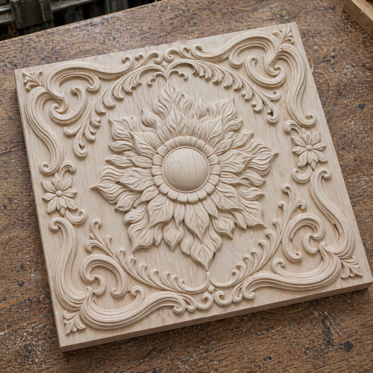 The Ornamental Frame Flower Relief STL File by Form Arcade features an intricately carved floral panel, with a central flower surrounded by ornate swirls—ideal for CNC carving or decorative wall art design.
