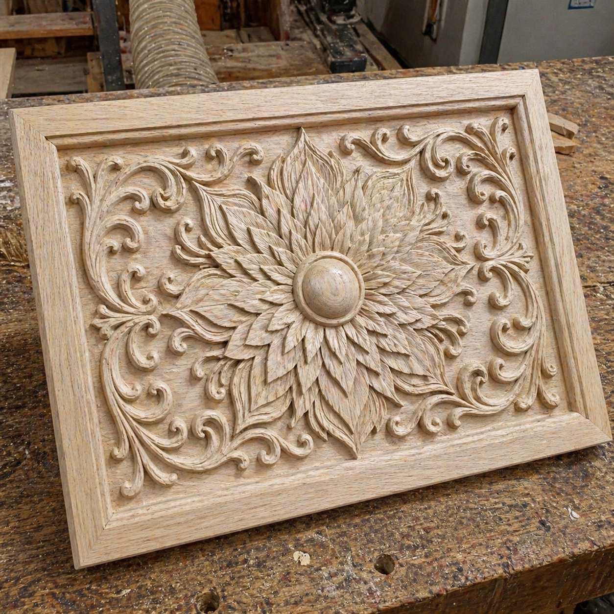The Decorative Floral Tile Relief STL File by Form Arcade features an ornate CNC-carved rectangular wooden panel with a central flower, detailed petals, and swirling leaf patterns—perfect for woodshop wall decor.