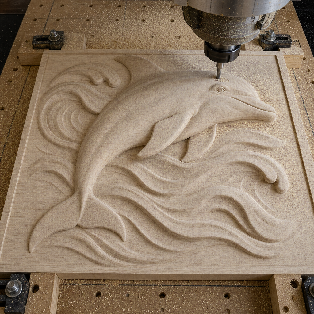 CNC router cutting a pale wood dolphin relief with layered ocean waves on a machine bed.