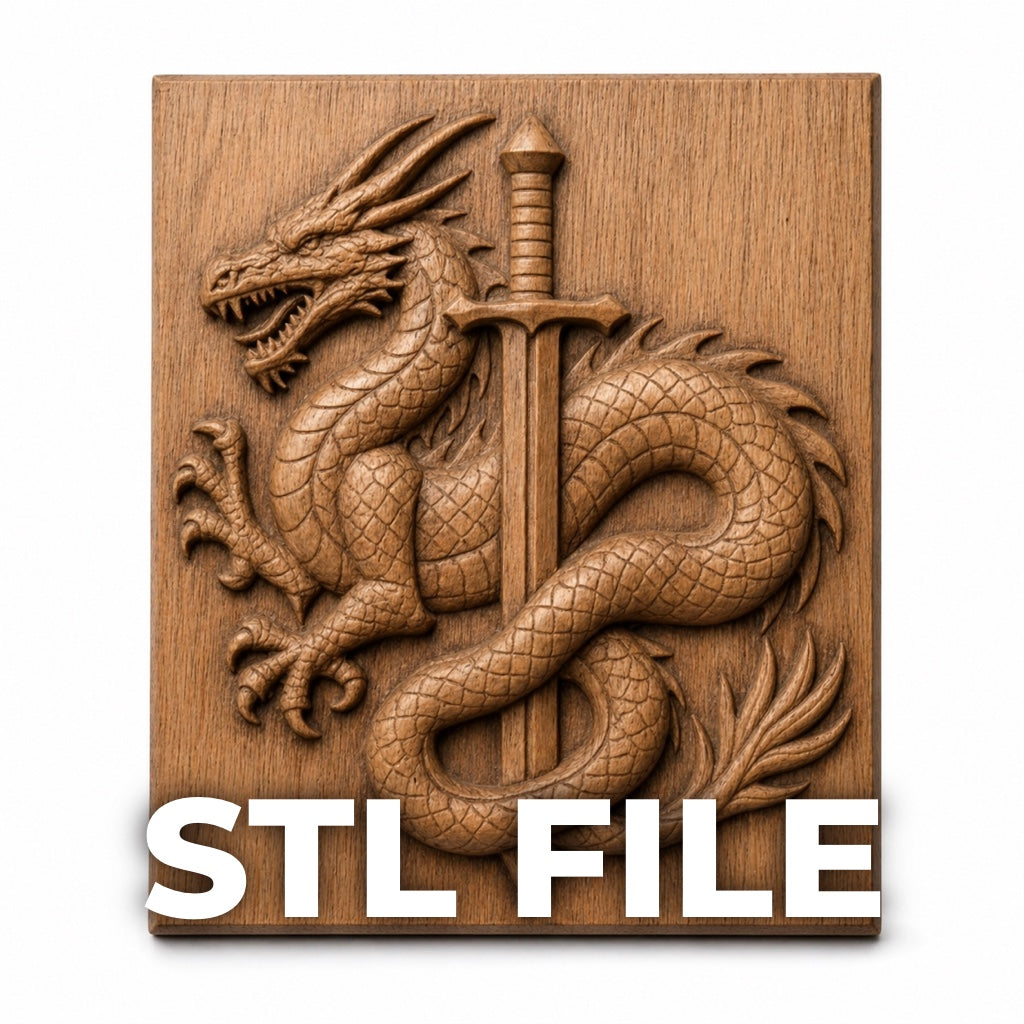 The Dragon and Sword CNC Relief STL File by Form Arcade is a 3D wood-carved fantasy wall art, showing a dragon coiled around a sword on a rectangular plaque—ideal for 3D printing.