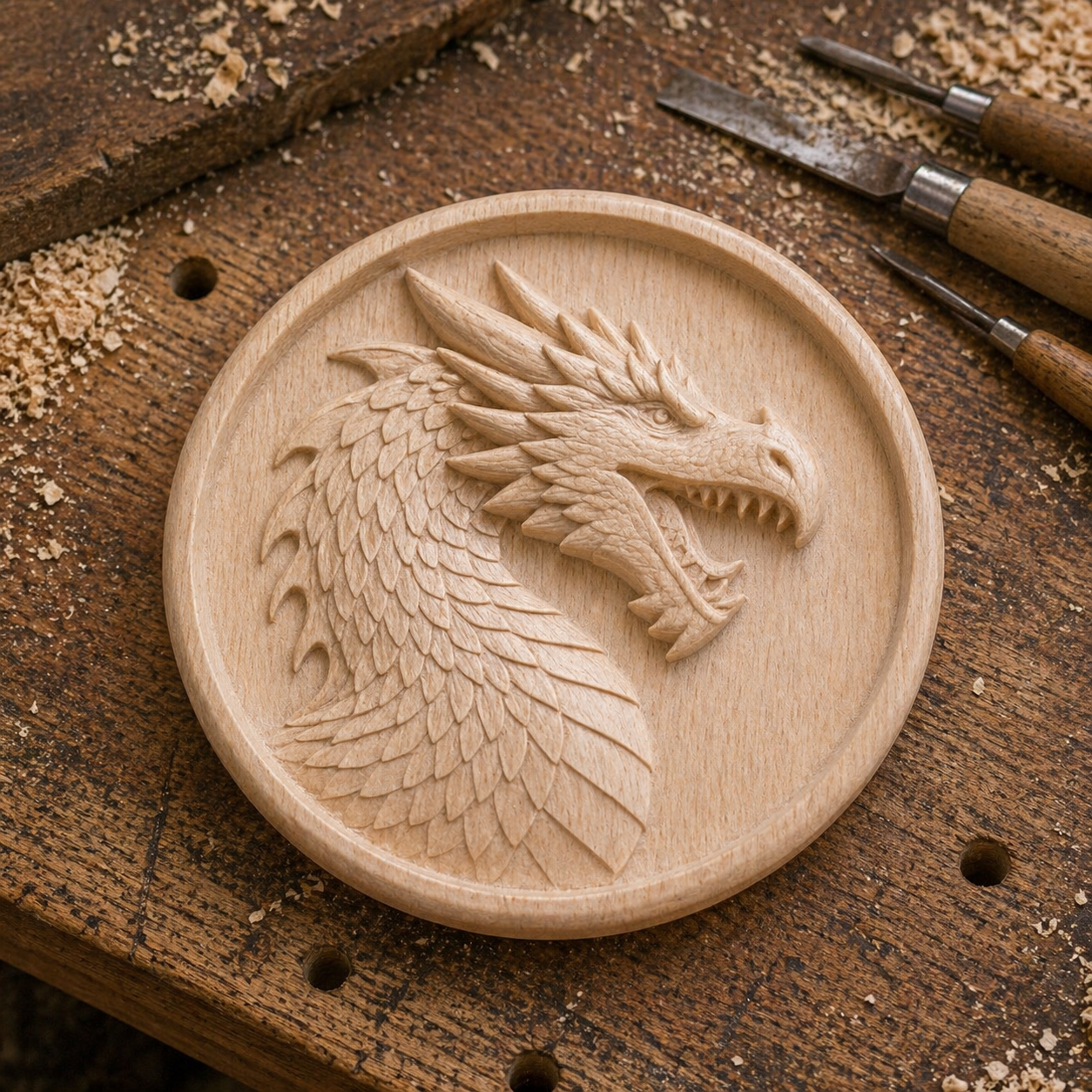 The Dragon Medallion CNC Relief STL File by Form Arcade features a detailed carved dragon head in profile—ideal as fantasy CNC wall art or for creating your own bas relief with a CNC machine.