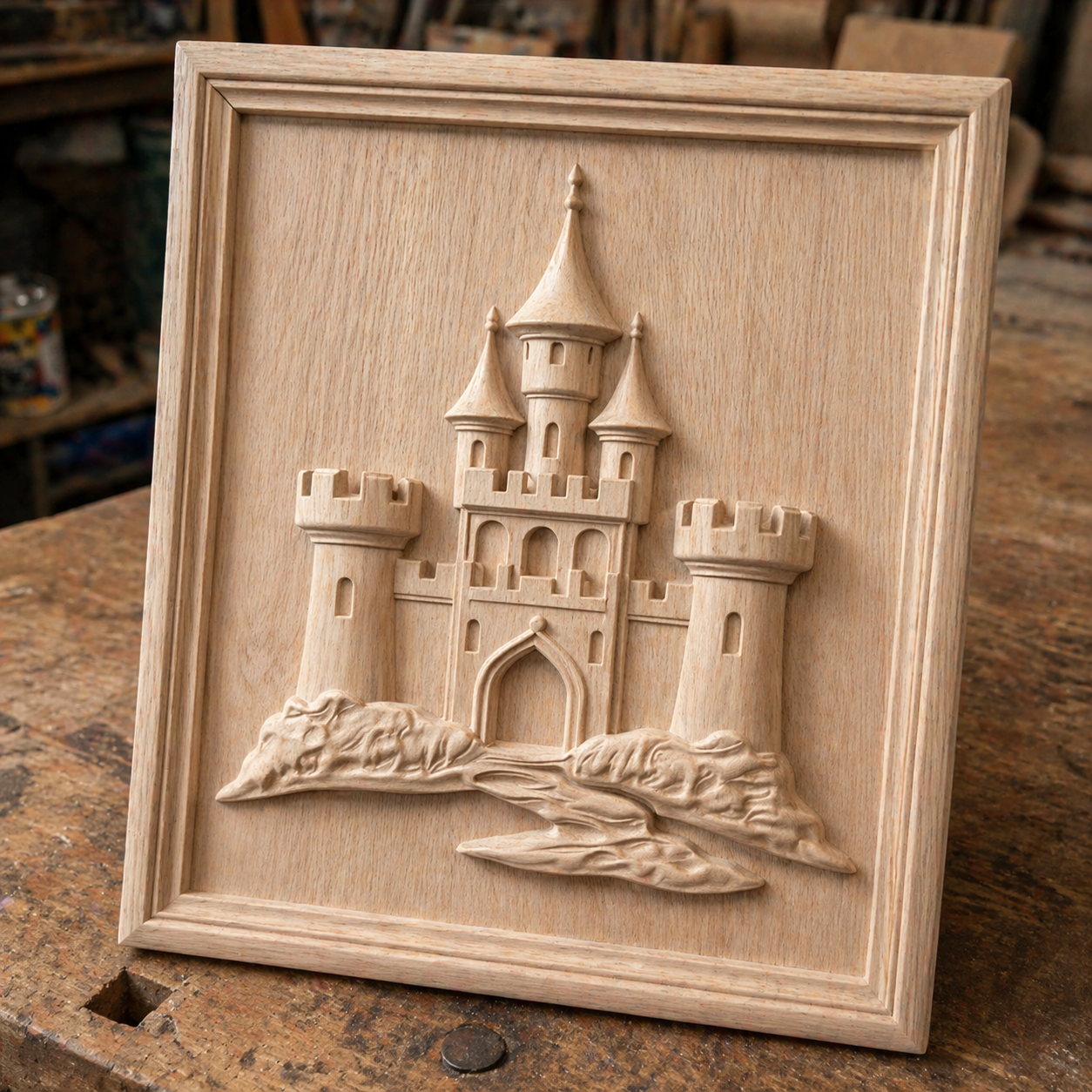 Form Arcade’s Fantasy Fortress Castle Relief STL File features a medieval castle with towers and arched entrance, perfect as CNC wall art or inspiration for your own project.