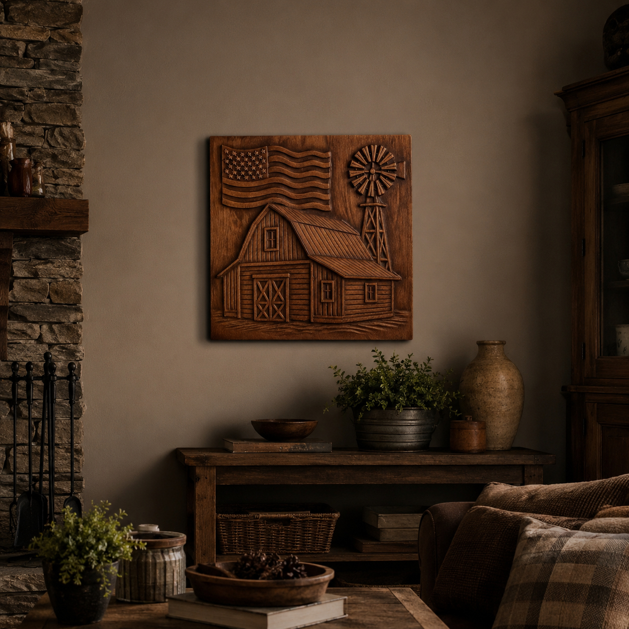 A cozy living room with rustic decor features the "American Farm Barn CNC Relief" wall art by Form Arcade, depicting a barn, windmill, and American flag. A stone fireplace, wooden table, pottery, and basket add to the farmhouse charm.