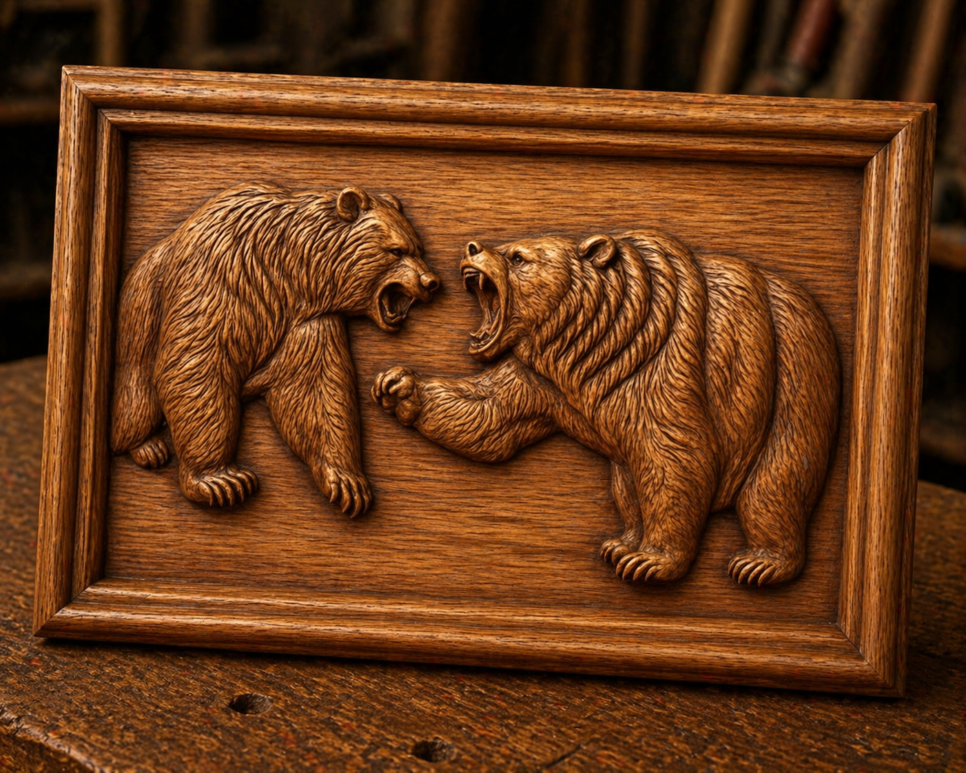 The Fighting Bears CNC Relief STL File by Form Arcade showcases two roaring bears in a rectangular wooden frame—ideal wildlife wall art for CNC carving enthusiasts.