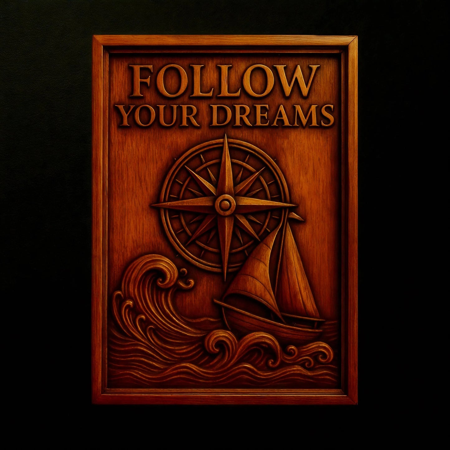 Introducing the "Follow Your Dreams CNC Relief STL File | Inspirational CNC Wall Art" by Form Arcade. This carved wooden plaque design showcases a sailboat riding waves, a detailed compass, and the inspiring phrase "FOLLOW YOUR DREAMS" engraved at the top. Ideal for woodworking projects or as uplifting wall dΓ©cor, this digital design is available as an STL file ready for CNC machining.