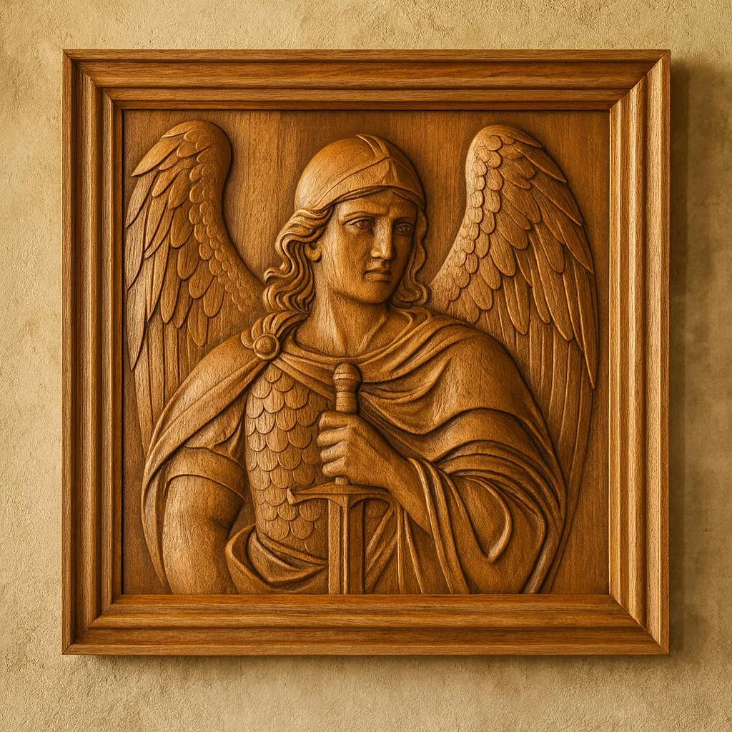 The Archangel Warrior Relief STL File by Form Arcade is a religious CNC wall art design featuring an armored angel with wings holding an upright sword, framed and displayed on a textured beige wall.