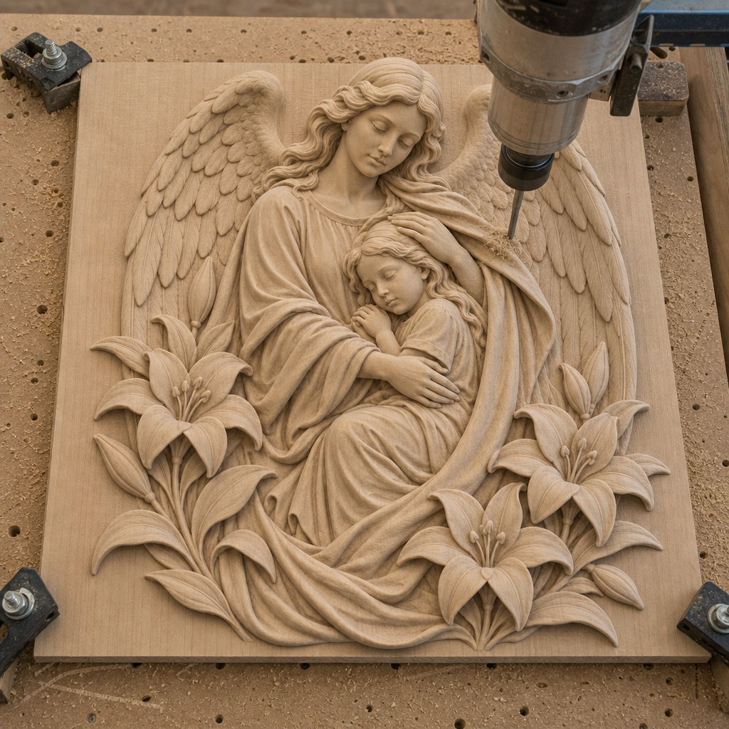 CNC cutting a wood relief of a winged guardian angel embracing a sleeping child, with lilies and wings carved into the panel.