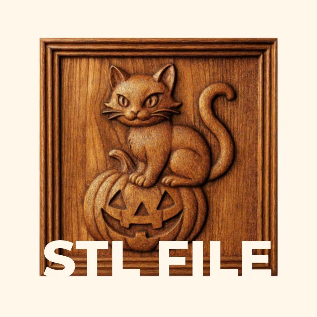 A carved wooden plaque displays the "Halloween Cat Pumpkin Relief STL File | Holiday CNC Wall Art" by Form Arcade, featuring a cat perched on a jack-o’-lantern. The bold white “STL FILE” lettering at the bottom makes it ideal for CNC relief carving and woodworking projects.