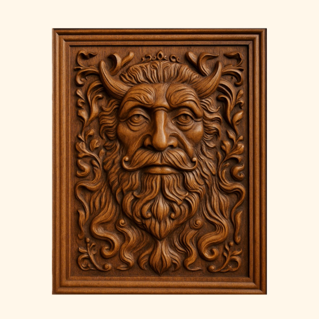 A detailed wooden relief carving of a bearded face with horns and intricate swirling patterns, framed by a rectangular border—an impressive choice for woodworking projects or as part of the Form Arcade Halloween 35-Pack Mega Bundle CNC STL Files | Halloween CNC Wall Art collection.