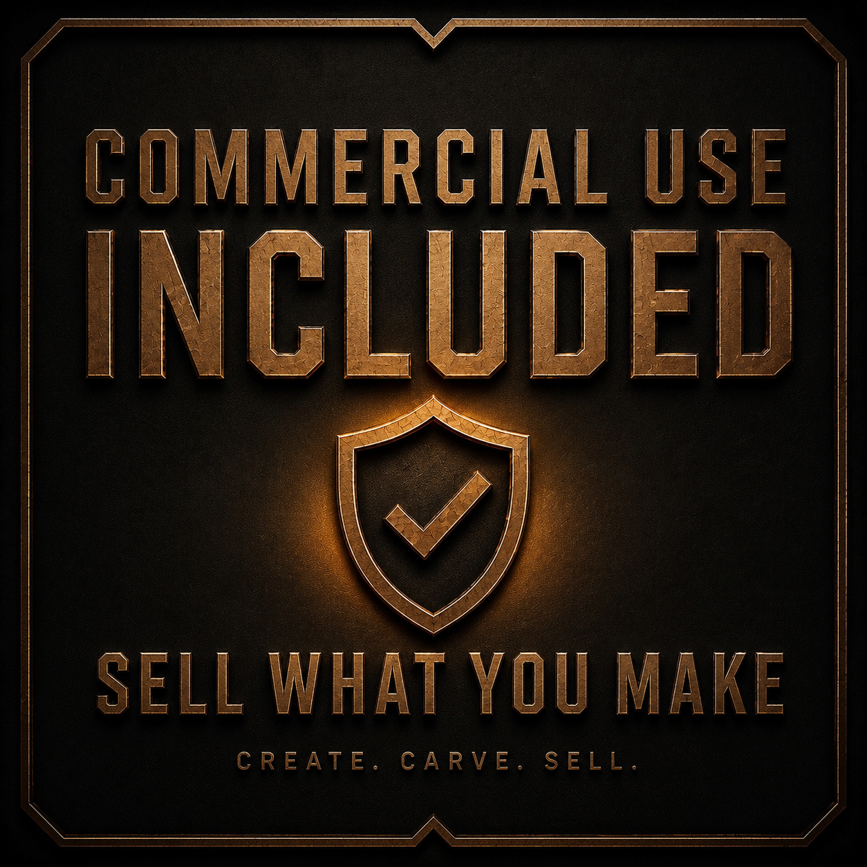 Commercial use included—sell what you make! Use the Dragon Mountain Relief STL File by Form Arcade for woodworking projects or CNC wall art. Features a gold shield with a checkmark on a dark, metallic background.