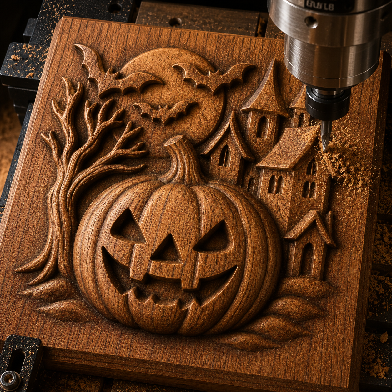 A CNC machine carves a wooden panel using the Haunted Pumpkin Castle CNC Relief STL File by Form Arcade, revealing a detailed Halloween scene perfect for wall art; wood shavings surround the engraved jack-o-lantern, bats, and haunted house.