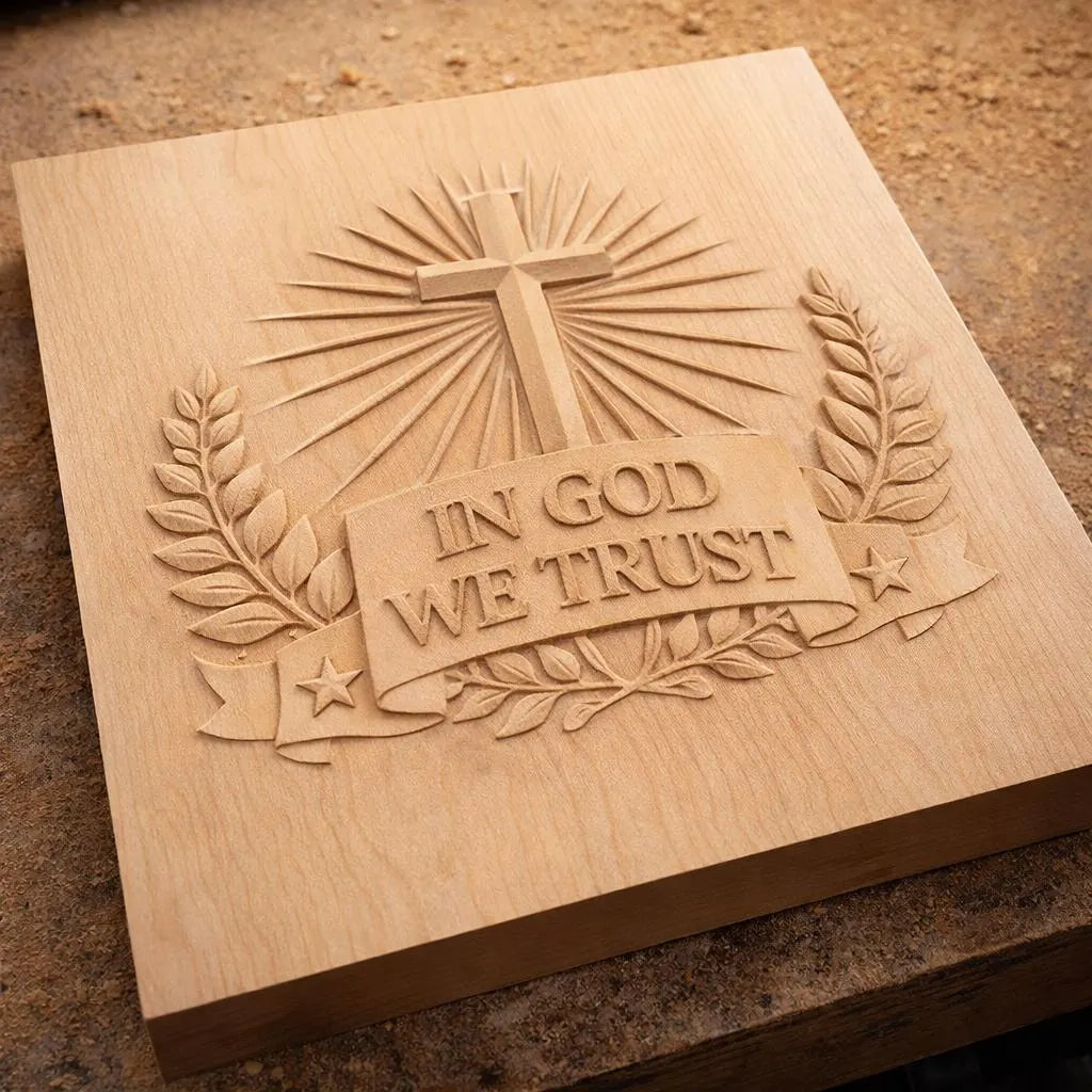 The In God We Trust Cross Relief STL File by Form Arcade features a carved cross, rays, laurel branches, and an “In God We Trust” banner—perfect Christian CNC wall art for your next project.