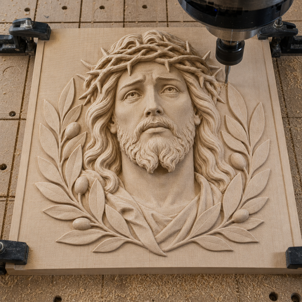 CNC cutting a pale wood panel featuring Jesus with a crown of thorns and olive branches, secured on the machine bed.