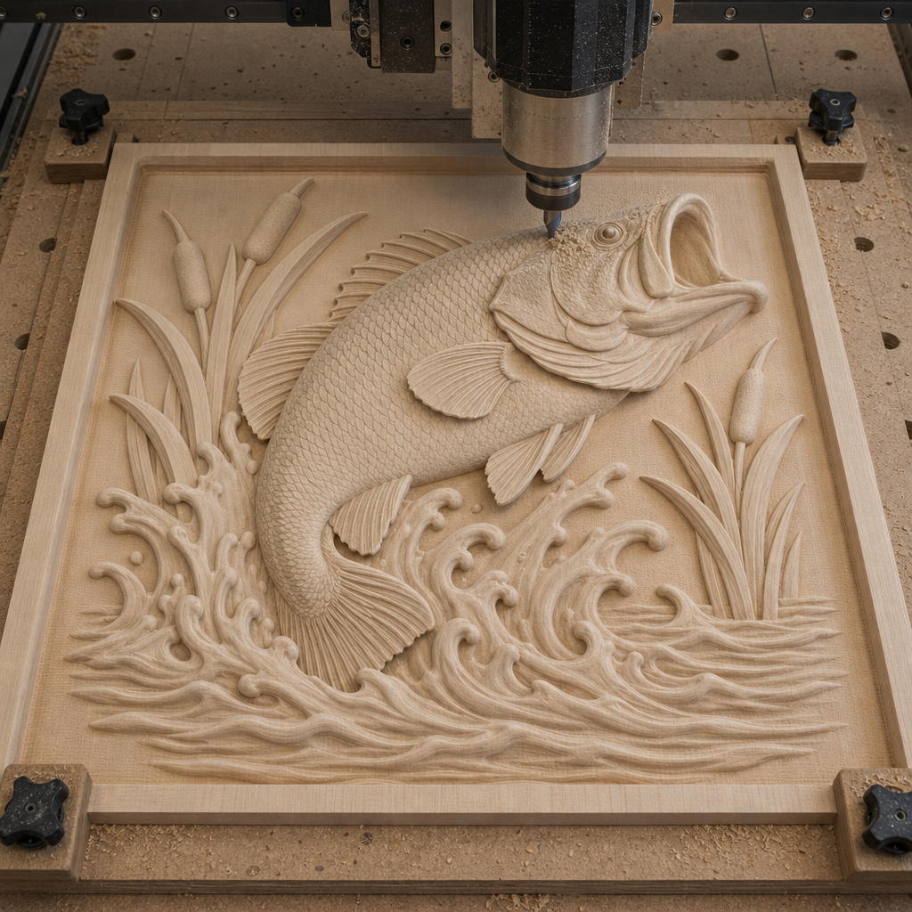 CNC machine cutting a light wood relief panel of a jumping bass, curling waves, cattails, and aquatic grasses.