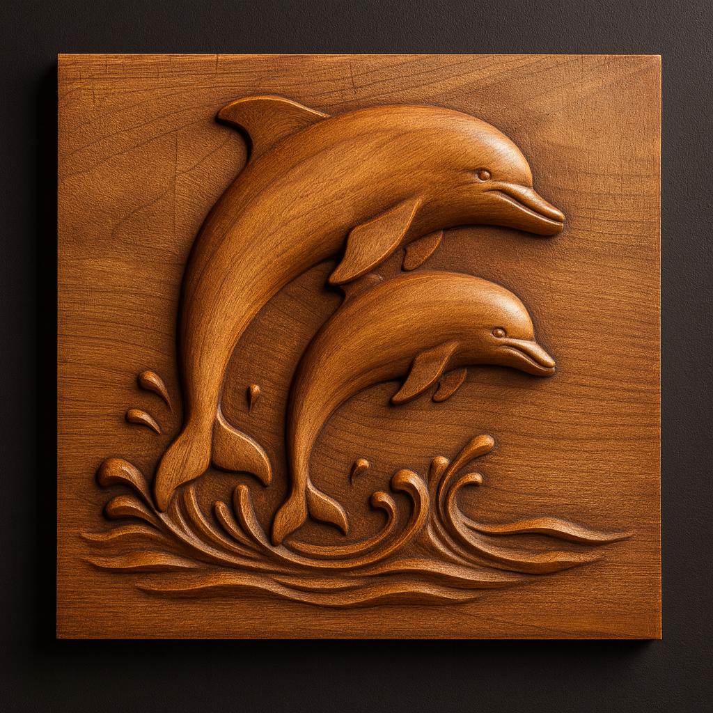 A wooden carving titled "Jumping Dolphins CNC Relief STL File | Marine CNC Wall Art" by Form Arcade features two dolphins leaping above stylized waves on a dark background. This piece is perfect for woodworking projects, particularly with the Jumping Dolphins CNC Relief STL file by Form Arcade.