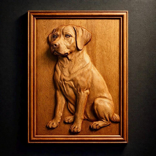 Detailed Labrador dog relief carving in wood showing realistic fur texture and facial features, centered composition with deep carved layers and smooth transitions, rich wood grain and warm tones visible, ideal for CNC carving projects and decorative wall art applications