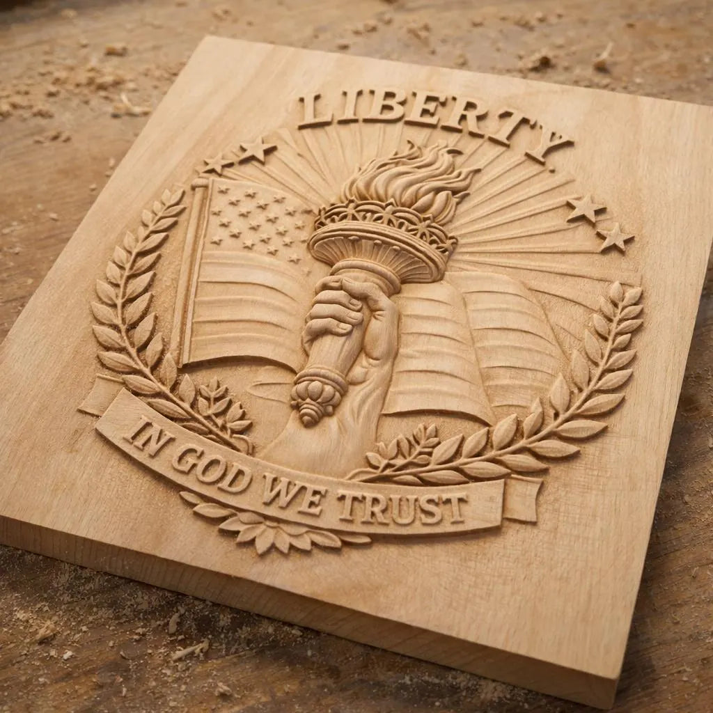 The Liberty Torch Crest Relief STL File by Form Arcade is a patriotic CNC wall art design featuring the Statue of Liberty’s torch, an American flag, laurel branches, and an open book with "LIBERTY" above and "IN GOD WE TRUST" below.