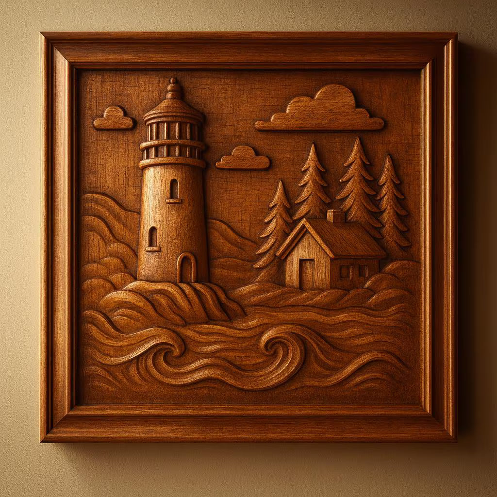 The Lighthouse Coast Relief STL File by Form Arcade is a detailed nautical CNC wall art design featuring a lighthouse, house, pine trees, and clouds over waves in a framed bas relief.