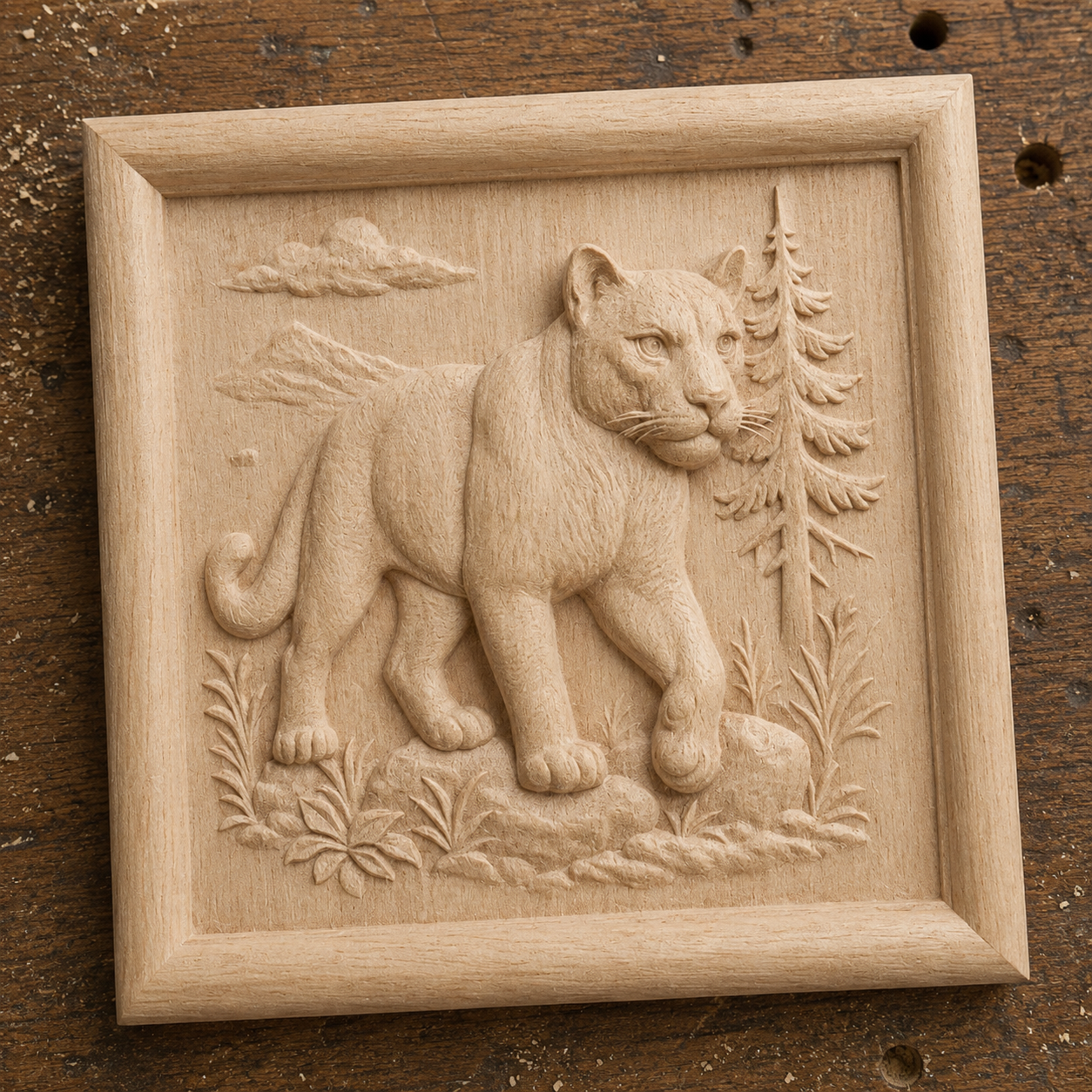 The Mountain Lion Relief STL File | Cougar CNC Wall Art by Form Arcade features a mountain lion on a rock with grass, flowers, tree, and clouds, all within a square frame—perfect for CNC carving or 3D printing.