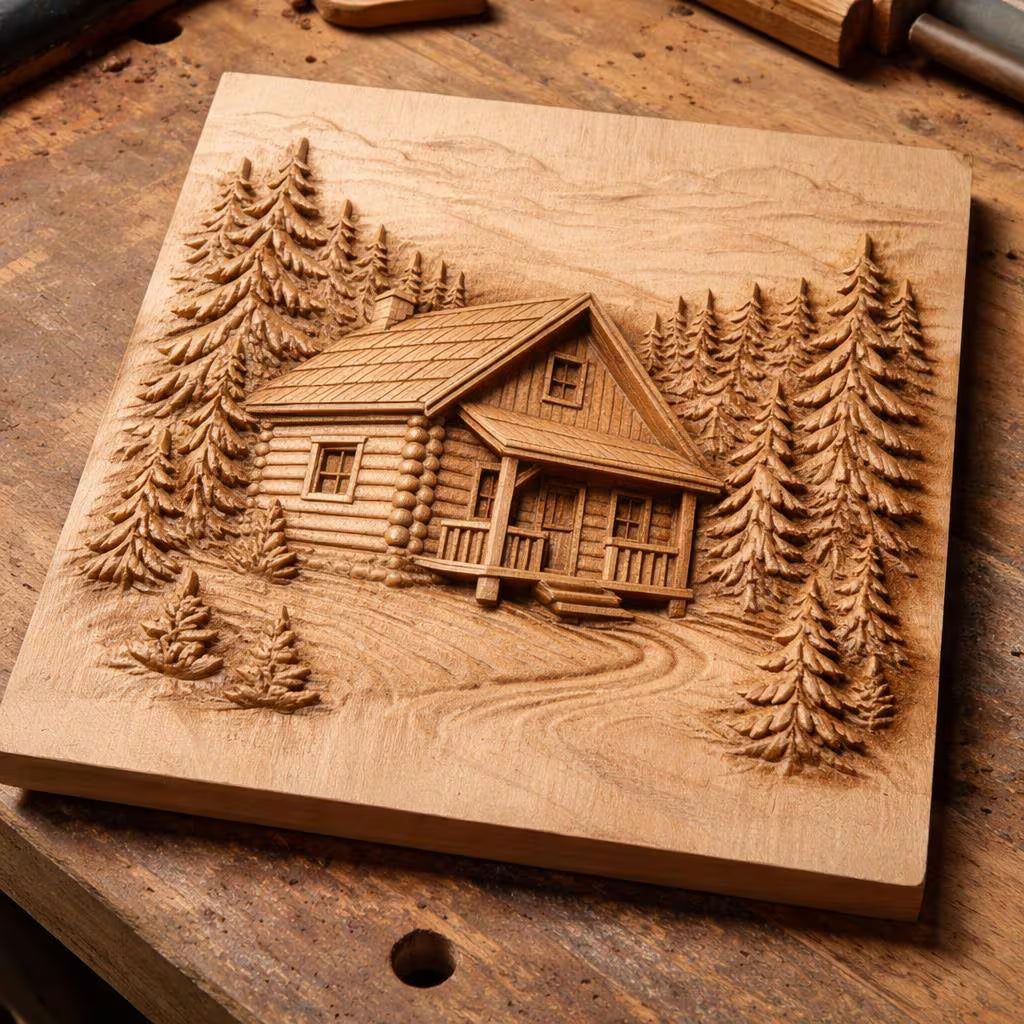 Unfinished CNC relief carving of a log cabin forest scene on a wooden board placed on a workbench, showing raw wood surface, visible tool marks, and clean bas relief depth rising from flat material, designed for CNC machining and 3D printing workflows, ideal for showcasing carving process, material texture, and production readiness for woodworking projects