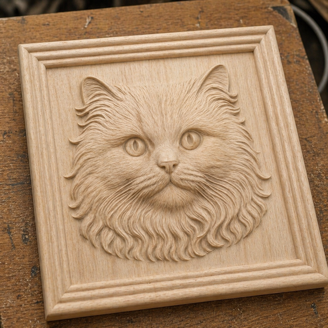 The Longhair Cat Portrait Relief STL File by Form Arcade features a detailed CNC wall art design, perfect for wildlife decor, with a beveled edge displayed on a wooden surface.