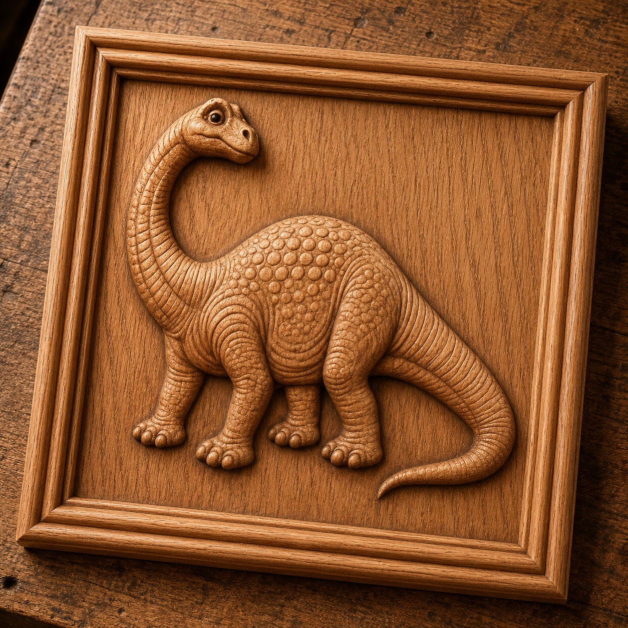 The Brachiosaurus Relief STL File by Form Arcade features a detailed bas relief of a friendly long-necked dinosaur, perfect for creating unique CNC wood wall art with a standout natural background.