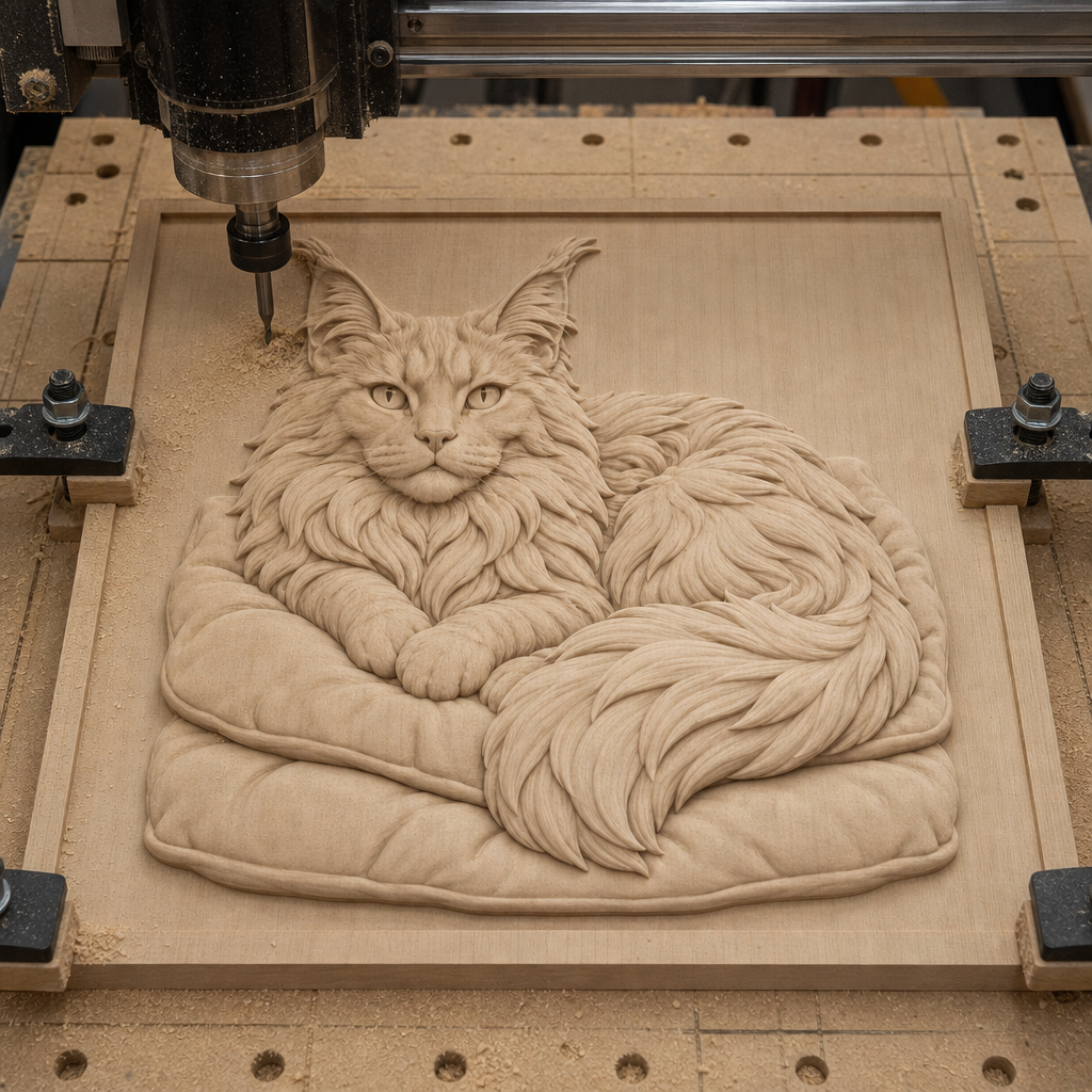 CNC router cutting a raised Maine Coon wood relief on a framed panel, secured on the machine bed.