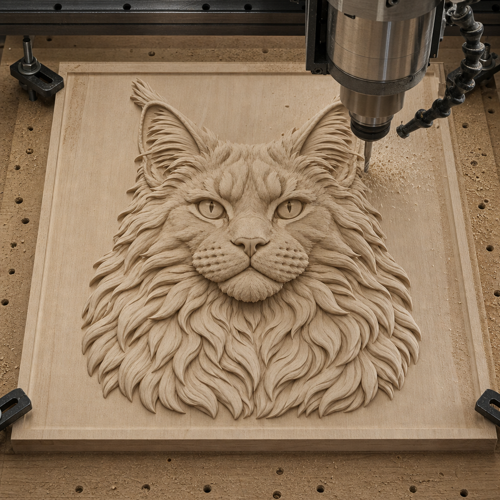 CNC router cutting a detailed Maine Coon cat relief into a wooden panel, with the raised mane and facial features visible.