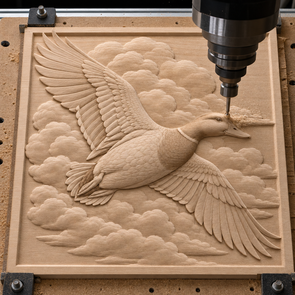 CNC router cutting a wooden mallard relief with feathered wings and layered clouds on a worktable.