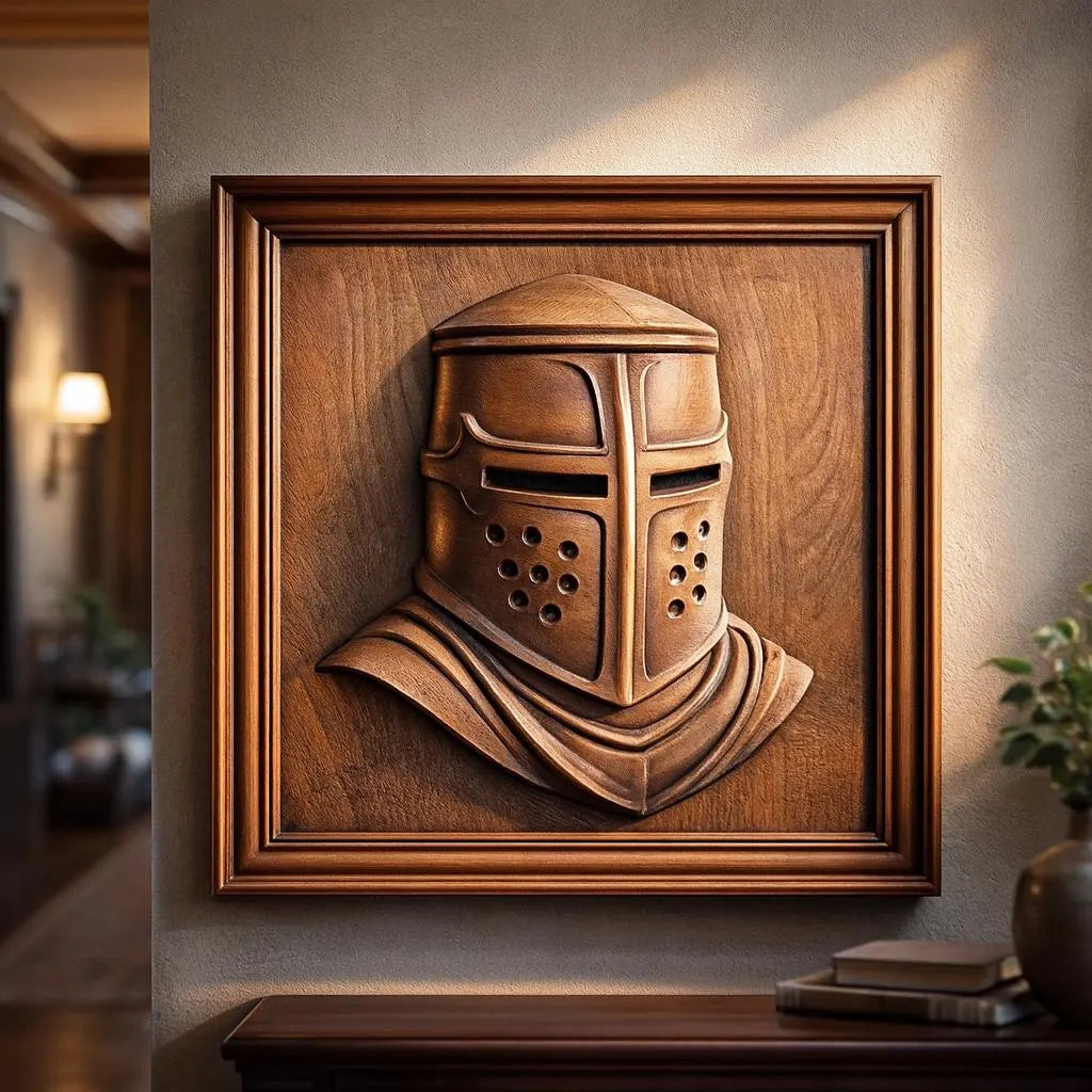 The Medieval Knight Helmet Relief STL File by Form Arcade is perfect CNC wall art, featuring intricate helmet details for a stunning focal point in classic decor or woodworking projects.