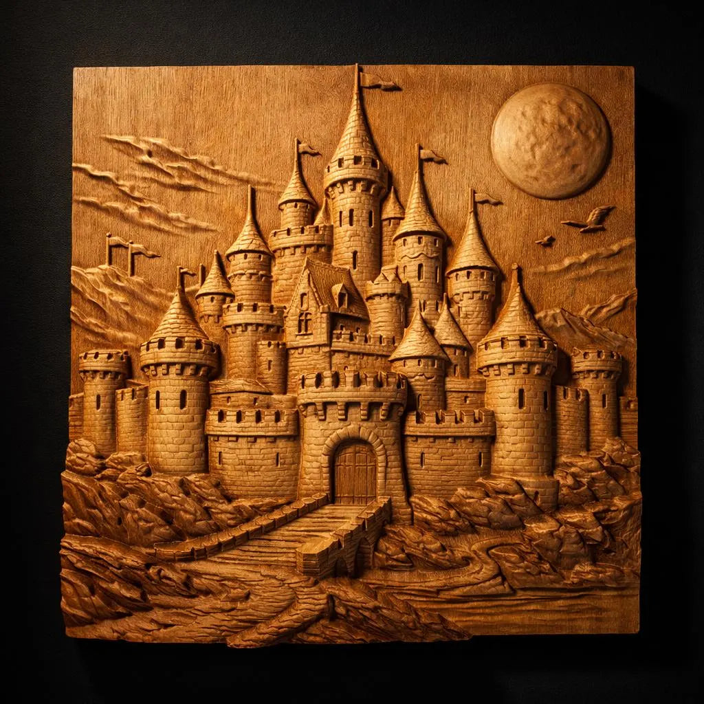 Close front view of the medieval stone castle landscape relief design presented as a carved wood panel, showing crisp edges, balanced composition, and clear bas relief depth for fantasy castle cnc wall art. This image emphasizes the downloadable STL file design for CNC router carving, wood wall art production, and detailed resin or FDM 3D printing applications.