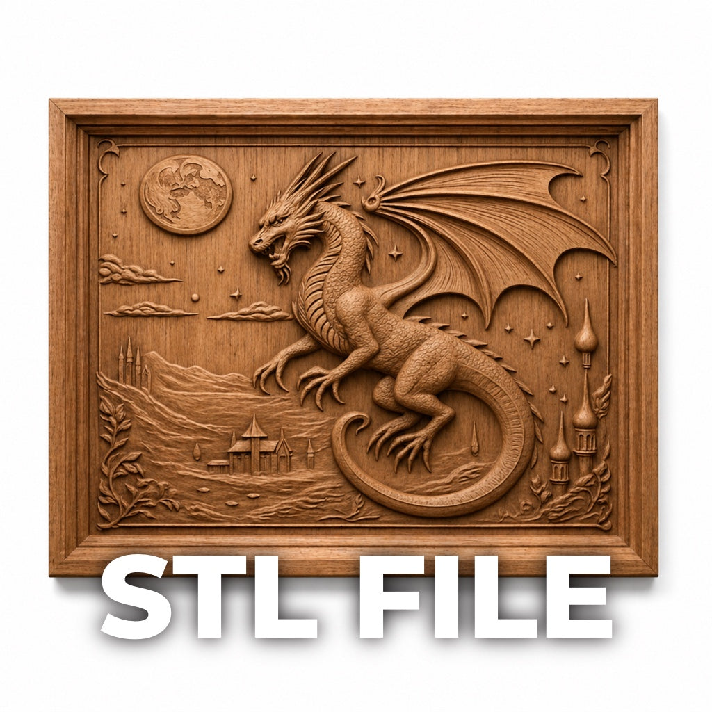A wooden relief carving of a dragon with wings spread against a fantasy moonlit landscape, featuring castles and clouds. Bold white text at the bottom reads: Moon Dragon CNC Relief STL File | Dragon CNC Wall Art by Form Arcade.