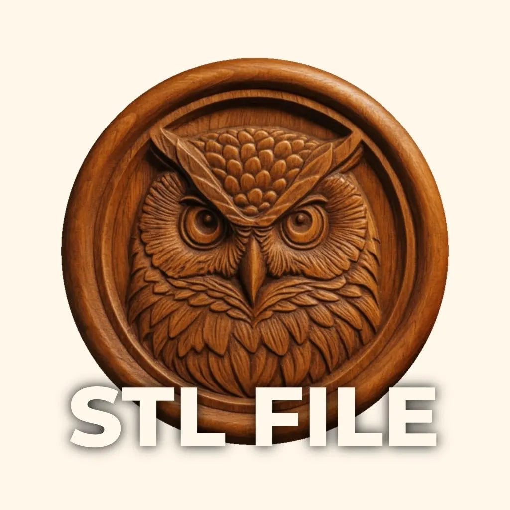 A round wooden medallion, intricately carved with a detailed owl face, is showcased as the "Owl Medallion CNC Relief STL File | Owl CNC Wall Art" by Form Arcade—ideal for CNC relief carving or woodworking projects. The words "STL FILE" appear in bold white text beneath the medallion.