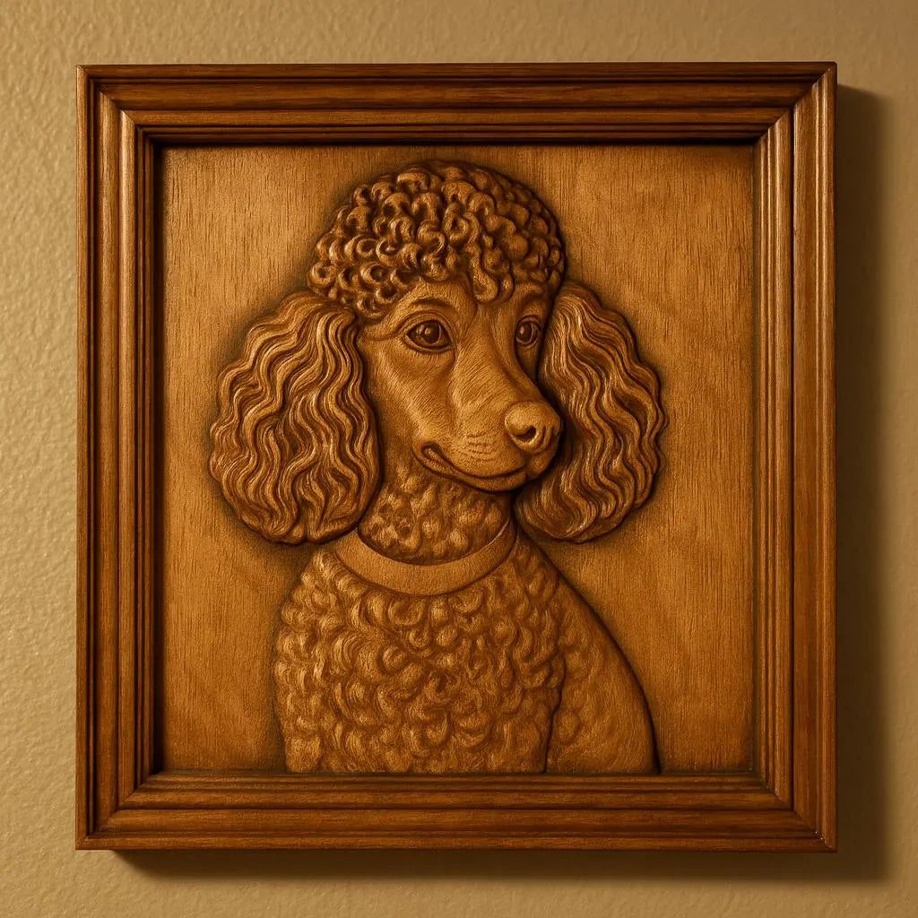 A "Poodle Dog Portrait CNC Relief" by Form Arcade, created as a CNC wall art piece and framed in a wooden square frame, hangs on a beige wall.